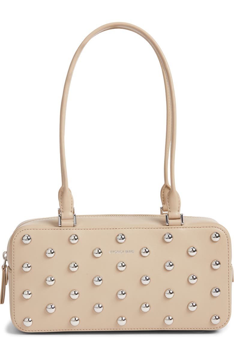 Veronica Beard Studded Boxy Leather Shoulder Bag, Main, color, Sand Dollar Shiny Silver