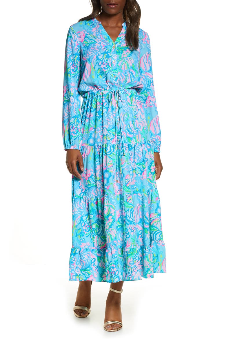 Cori Long Sleeve Stretch Shirtdress, Main, color, BLUE IBIZA AQUA LA VISTA