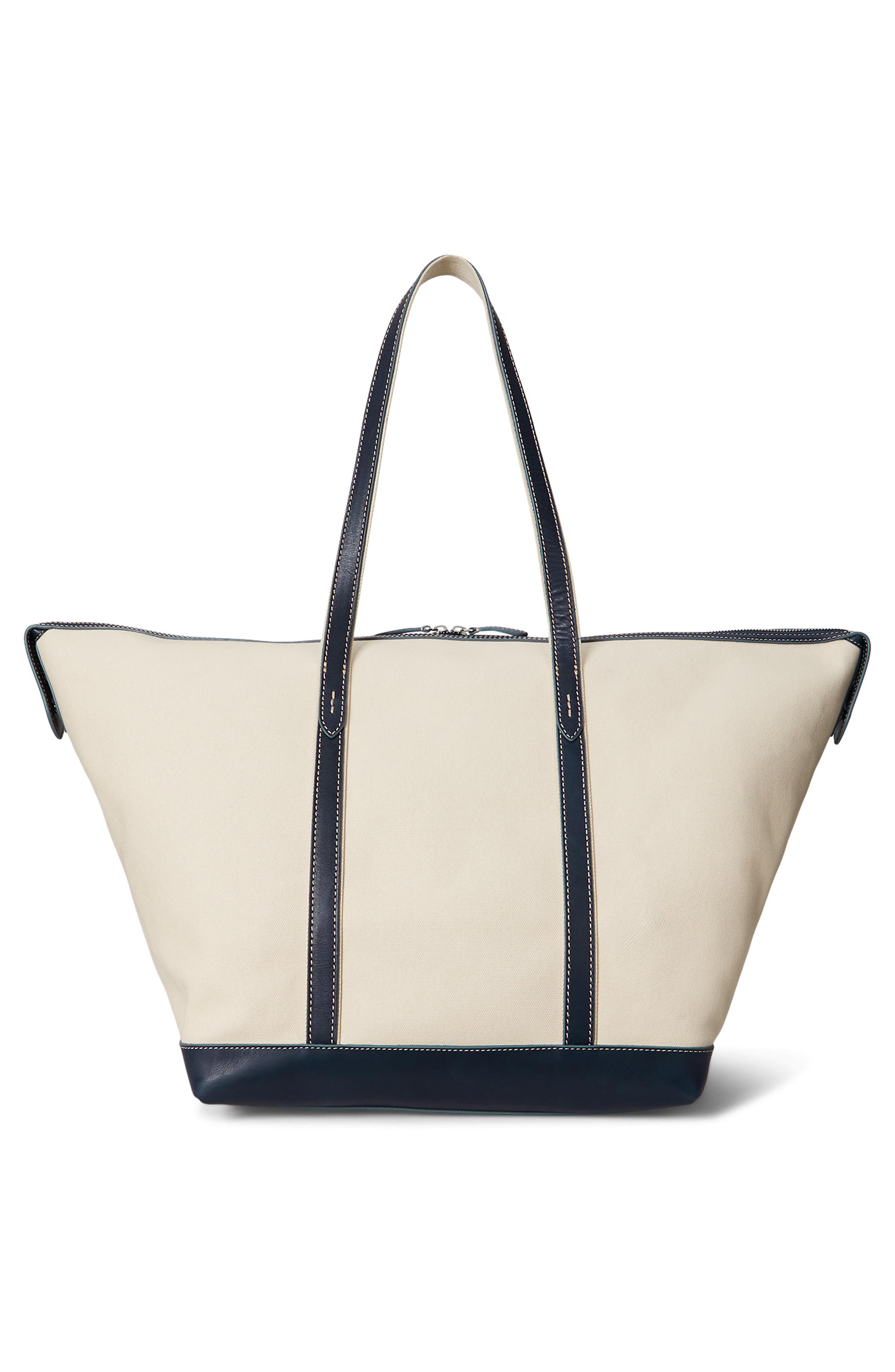 Polo Ralph Lauren Large Leather Trim Canvas Shopper Tote, Alternate, color, Ecru/ Navy