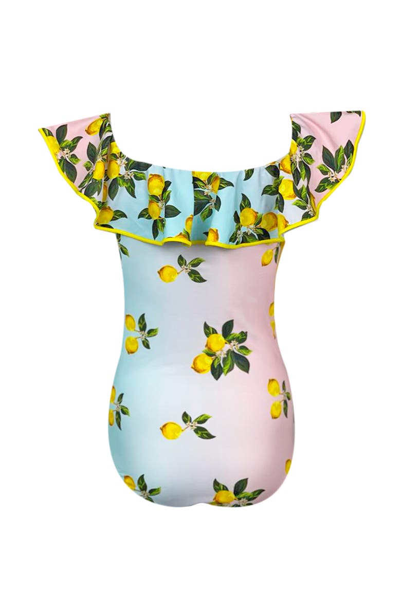 Off Shoulder Multicolor Lemon Print  One-Piece Swimsuit, Little Kid-Big Kid, Alternate, color, Multicolor