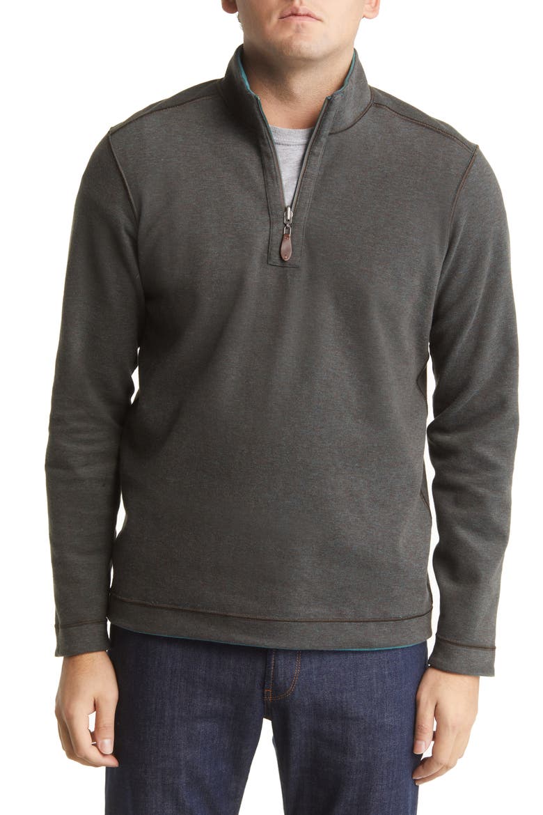 Reversible Cotton Blend Quarter Zip Pullover, Alternate, color, EMERALD/ BROWN
