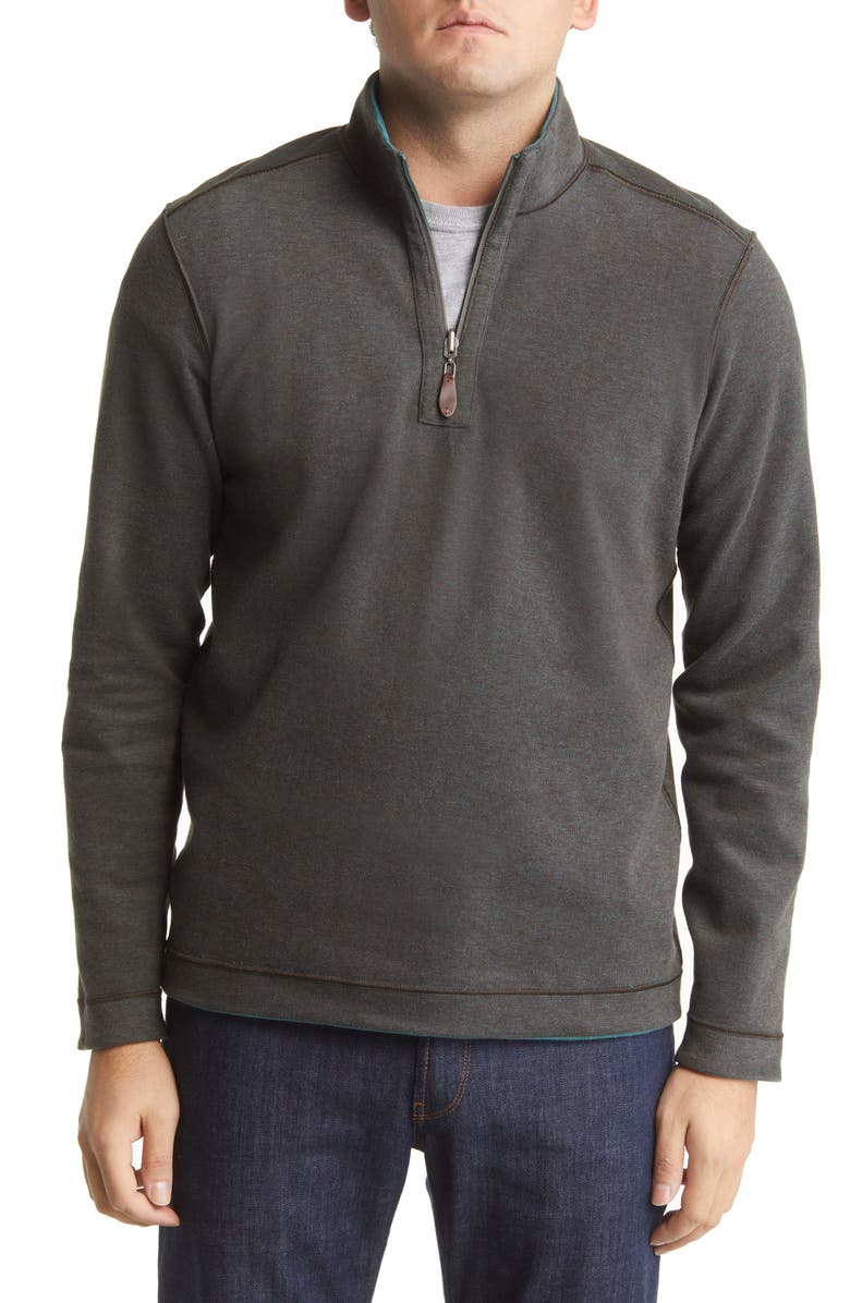 Johnston & Murphy Reversible Cotton Blend Quarter Zip Pullover, Alternate, color, Emerald/ Brown