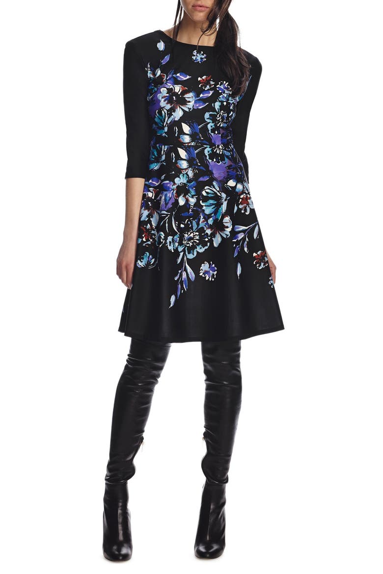 Floral Scuba Fit & Flare Dress, Alternate, color, BLUEBELL MULTI