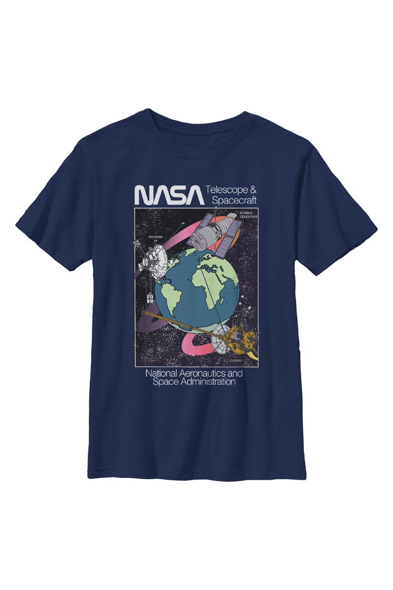 Boy's NASA Telescope and Spacecraft  Graphic T-Shirt, Main, color, Navy Blue