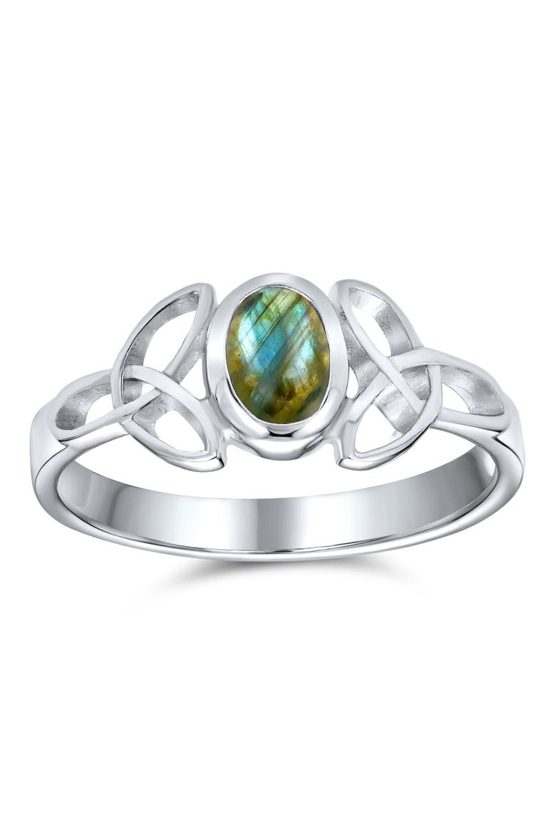 Rhodium Plated Sterling Silver Labradorite Celtic Trinity Knot Band Ring, Main, color, GREEN