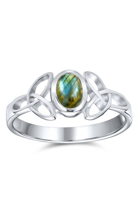 Rhodium Plated Sterling Silver Labradorite Celtic Trinity Knot Band Ring