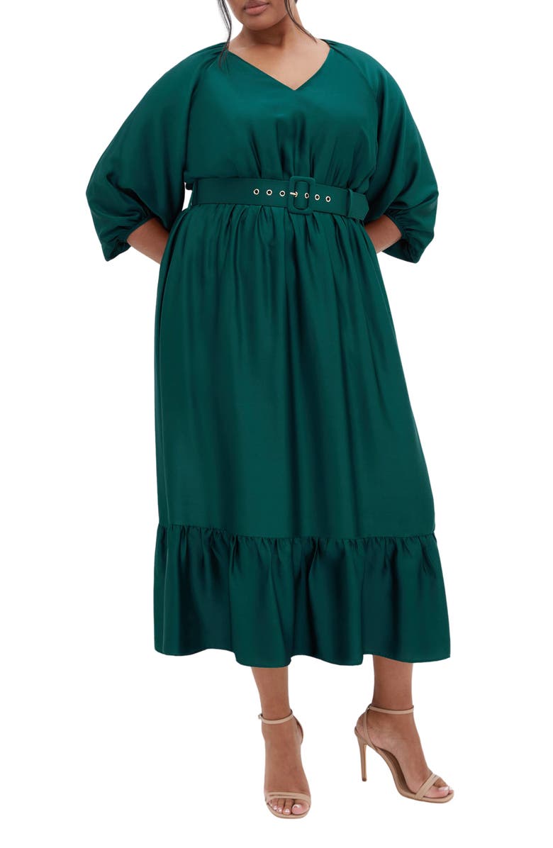 City Chic Betty Belted Midi Dress, Main, color, Jade