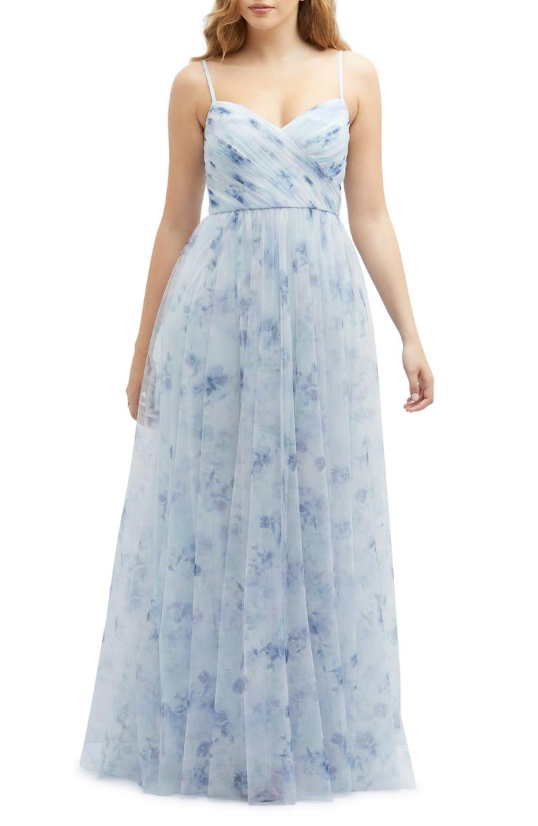 Dessy Collection Floral A-Line Chiffon Gown, Main, color, Mist Garden