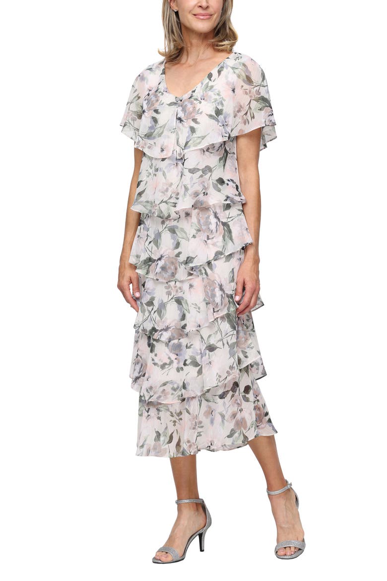 Tiered Floral Shimmer Midi Dress, Main, color, TAUPE MULTI