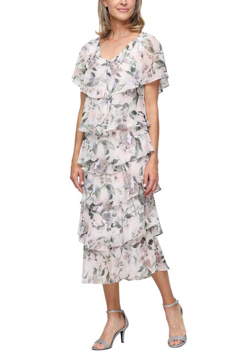 SL FASHIONS Tiered Floral Shimmer Midi Dress (Petite)