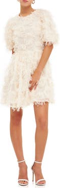Endless Rose Feathered Mesh Puff Sleeve Minidress