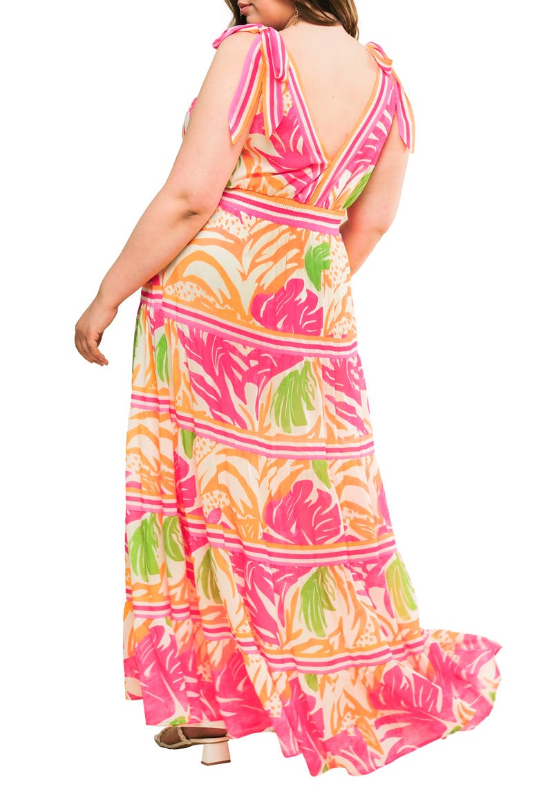 Printed Tie Strap Tiered Maxi Sundress, Alternate, color, FUCHSIA ORANGE