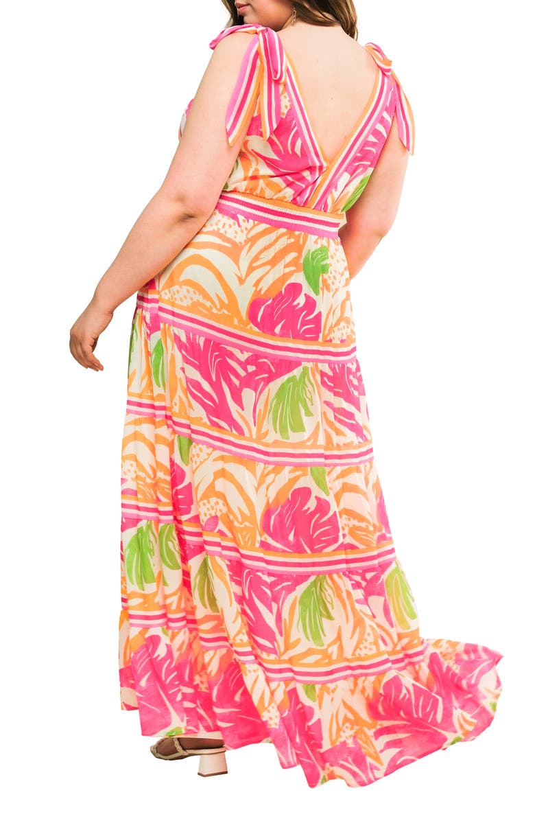 FLYING TOMATO Printed Tie Strap Tiered Maxi Sundress, Alternate, color, Fuchsia Orange