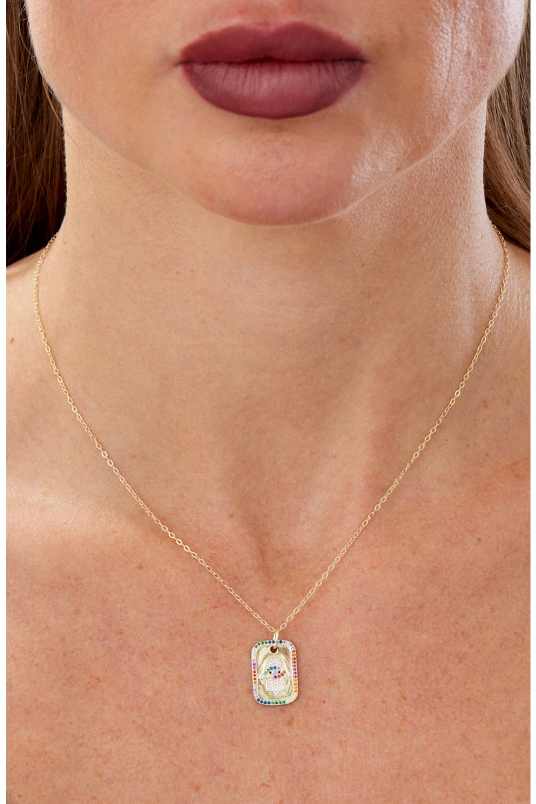 Cubic Zirconia Hamsa Tag Pendant Necklace, Alternate, color, YELLOW