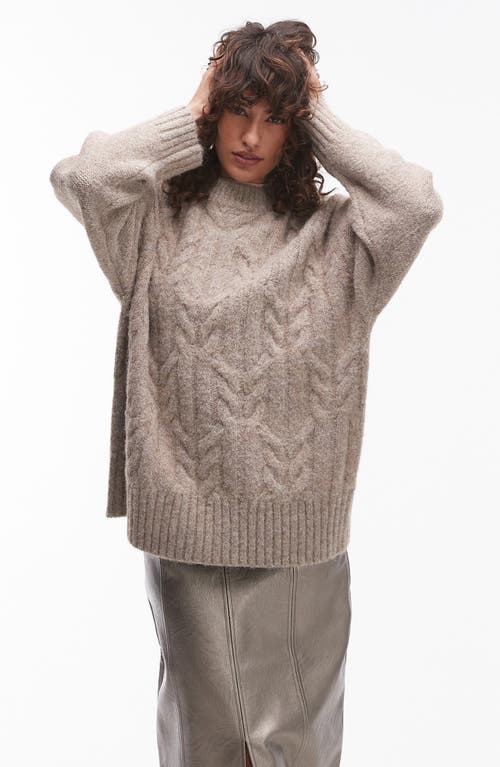 Topshop Fluffy Oversize Cable Stitch Sweater in Beige 