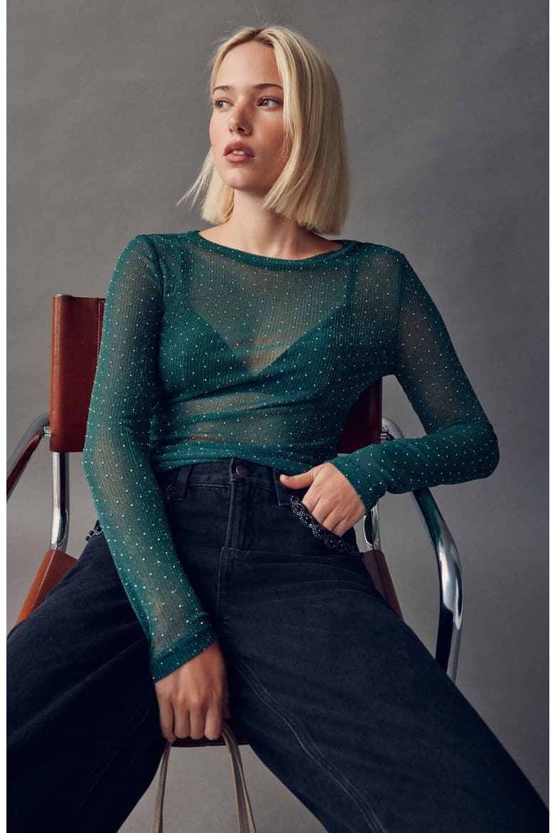 Ruched Mesh Sparkle Top, Alternate, color, GREEN