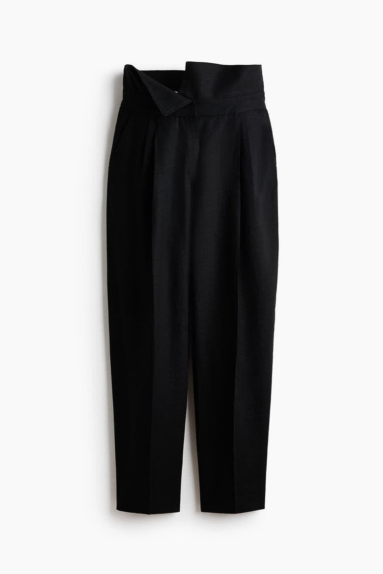 Foldover-waist Linen-blend Trousers, Alternate, color, Black