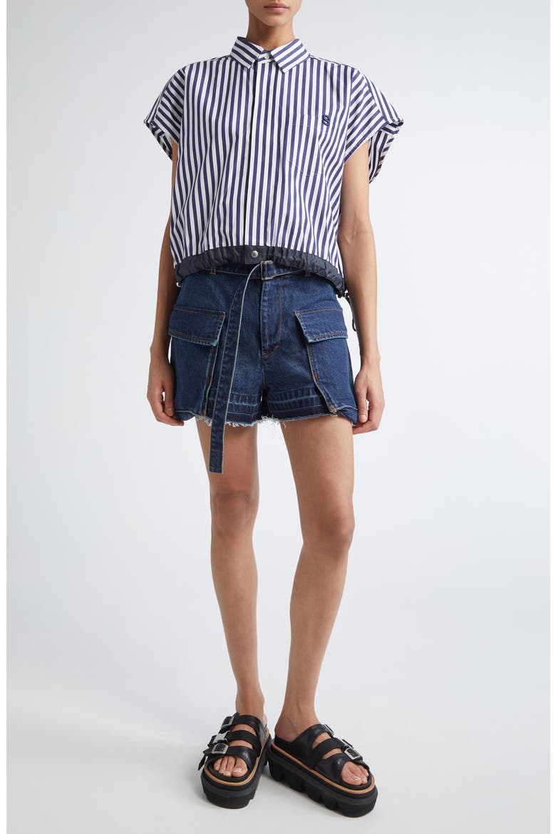 Belted Frayed Release Hem Cargo Denim Shorts, Alternate, color, BLUE 401