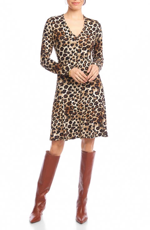 Leopard Print Long Sleeve Fit & Flare Dress