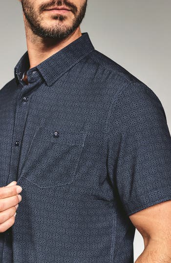 Teo Textured Geo Pattern Short Sleeve Stretch Button-Up Shirt