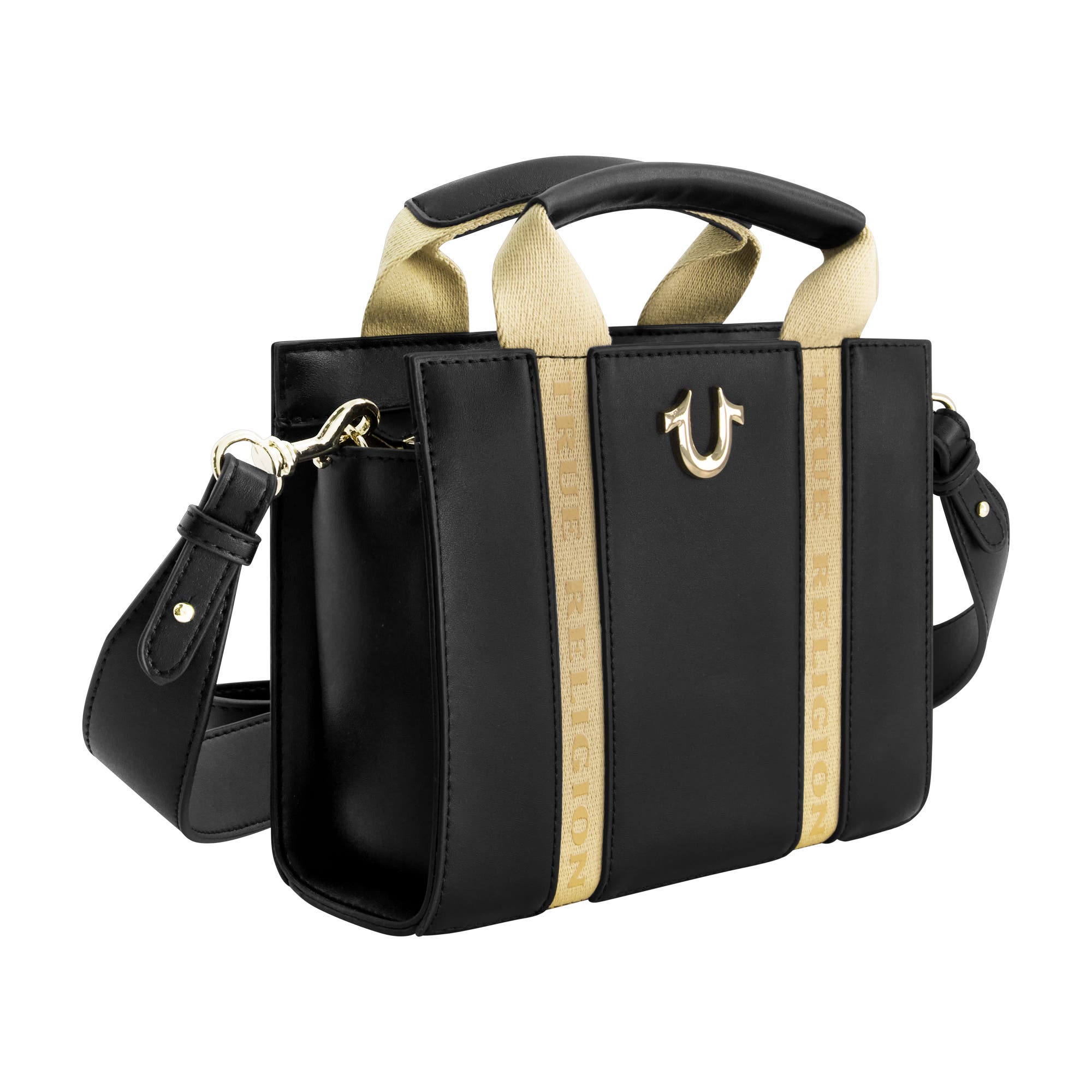 True Religion Licensed Faux Leather Mini Tote Bag with Branded Straps, Alternate, color, Black