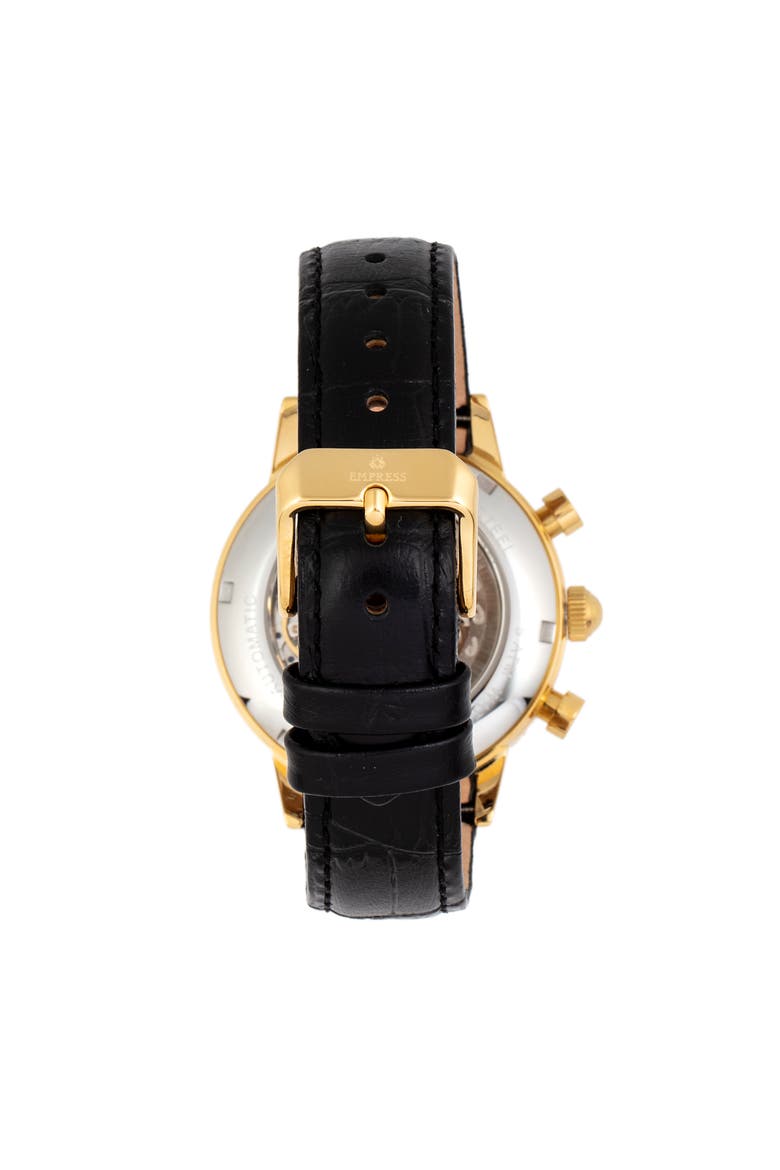 Beatrice Automatic Skeleton Dial Leather-Band Watch with Day & Date, Alternate, color, Metallic Gold