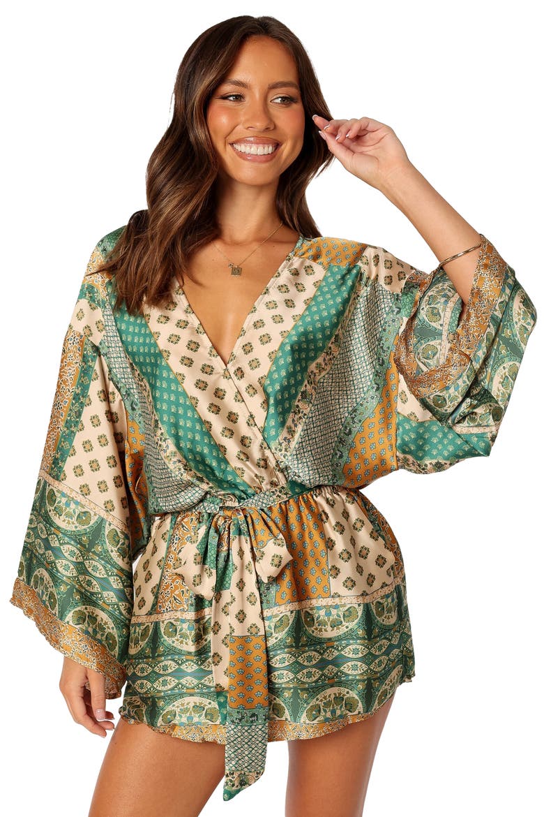 Elyse Long Sleeve Satin Romper, Alternate, color, GREEN