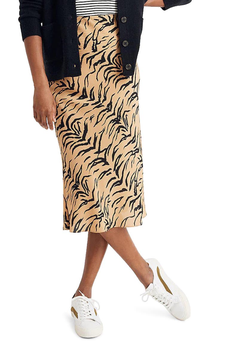 Tiger Stripe Silk Midi Slip Skirt, Main, color, TIGER STRIPES DISTANT SAND