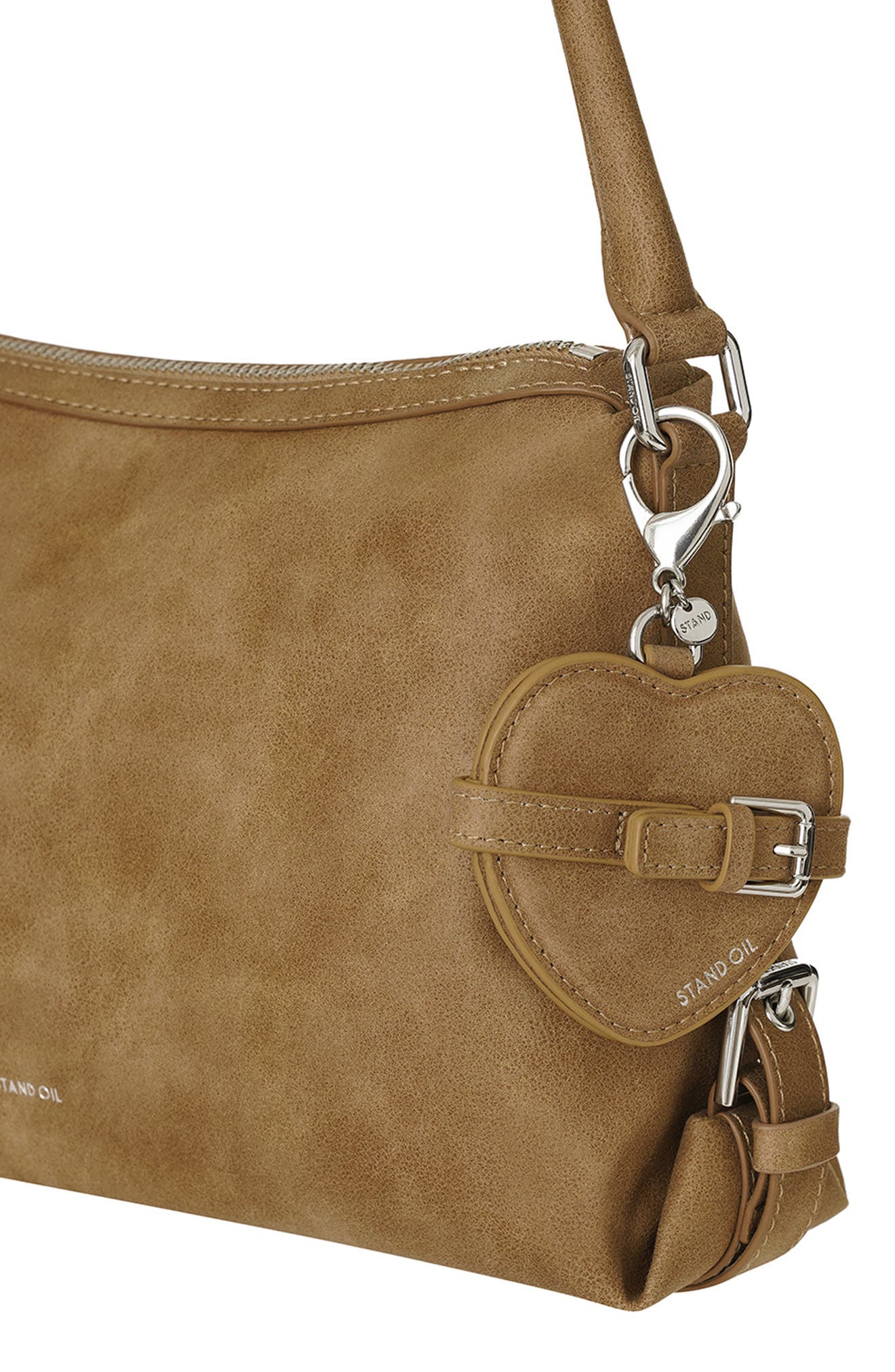 Stand Oil Belted Heart Mirror Faux Leather Key Ring Bag Charm, Alternate, color, Camel