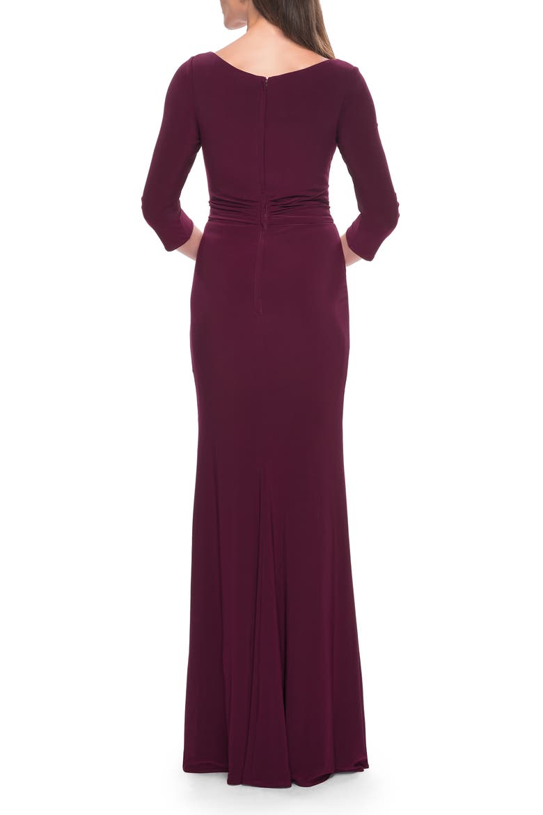 Three Quarter Sleeve Jersey Evening Dress with Ruffle Detail, Alternate, color, Dark Berry