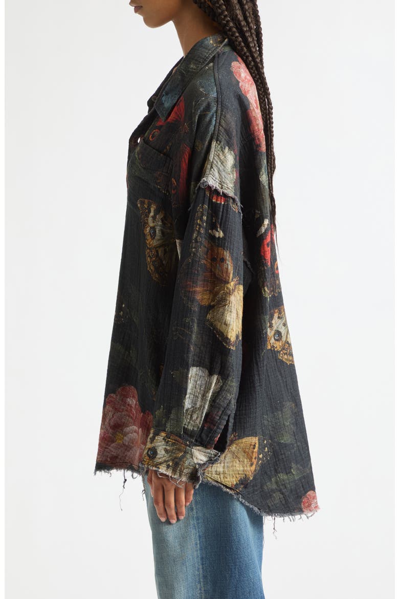 Reversible Shredded Seam Cotton Shirt, Alternate, color, BLACK MULTI BUTTERFLIES PLAID
