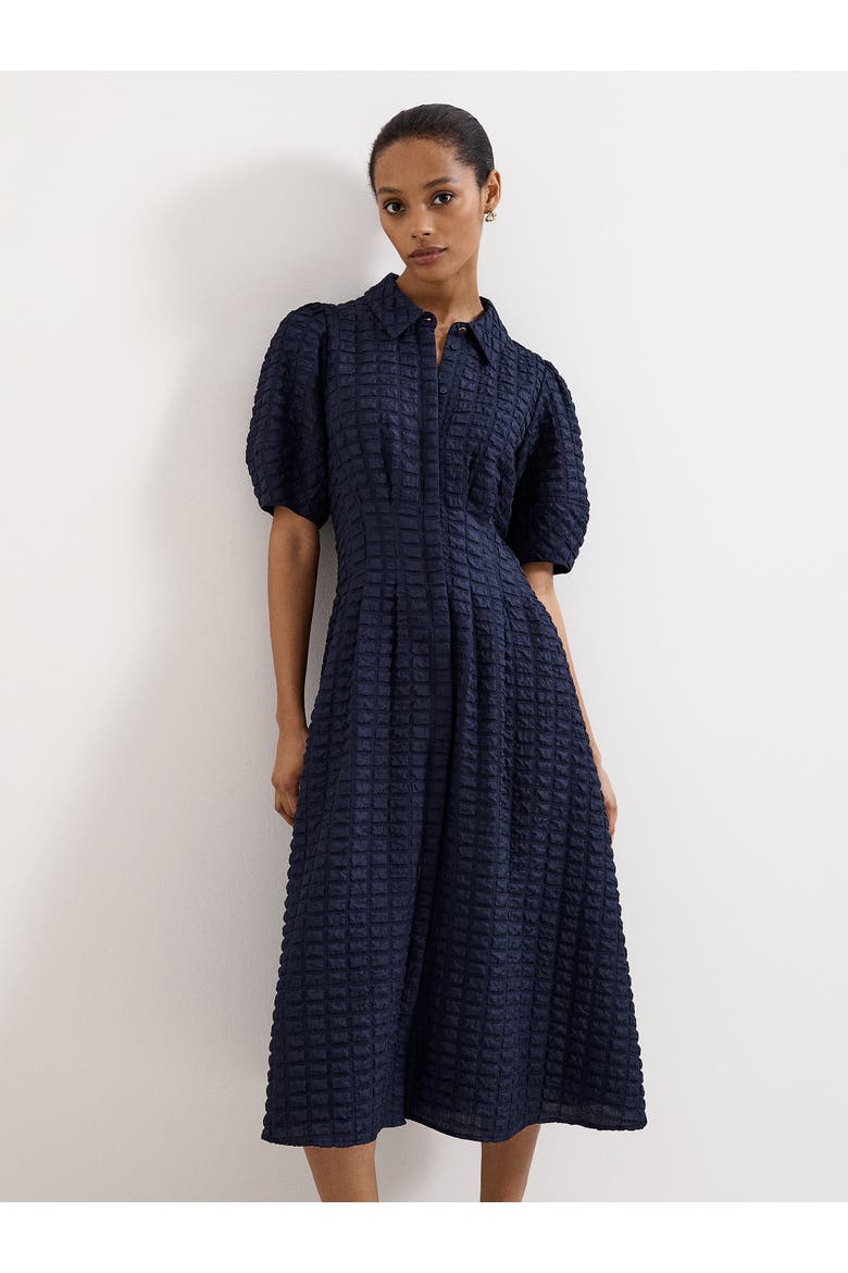 Yasmine Textured Puff Sleeve Midi Dress, Alternate, color, Navy