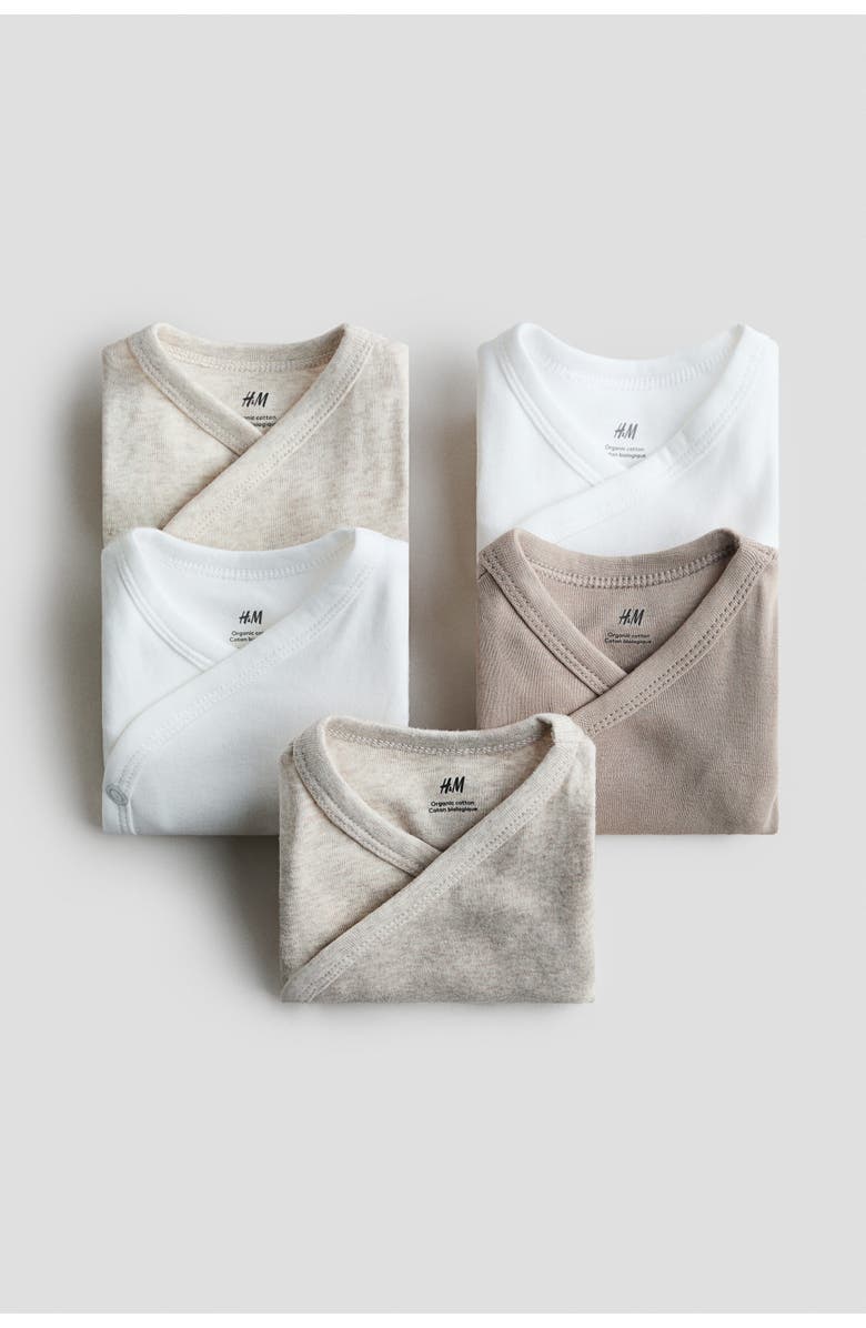 H&M 5-pack cotton bodysuits, Alternate, color, Beige/White