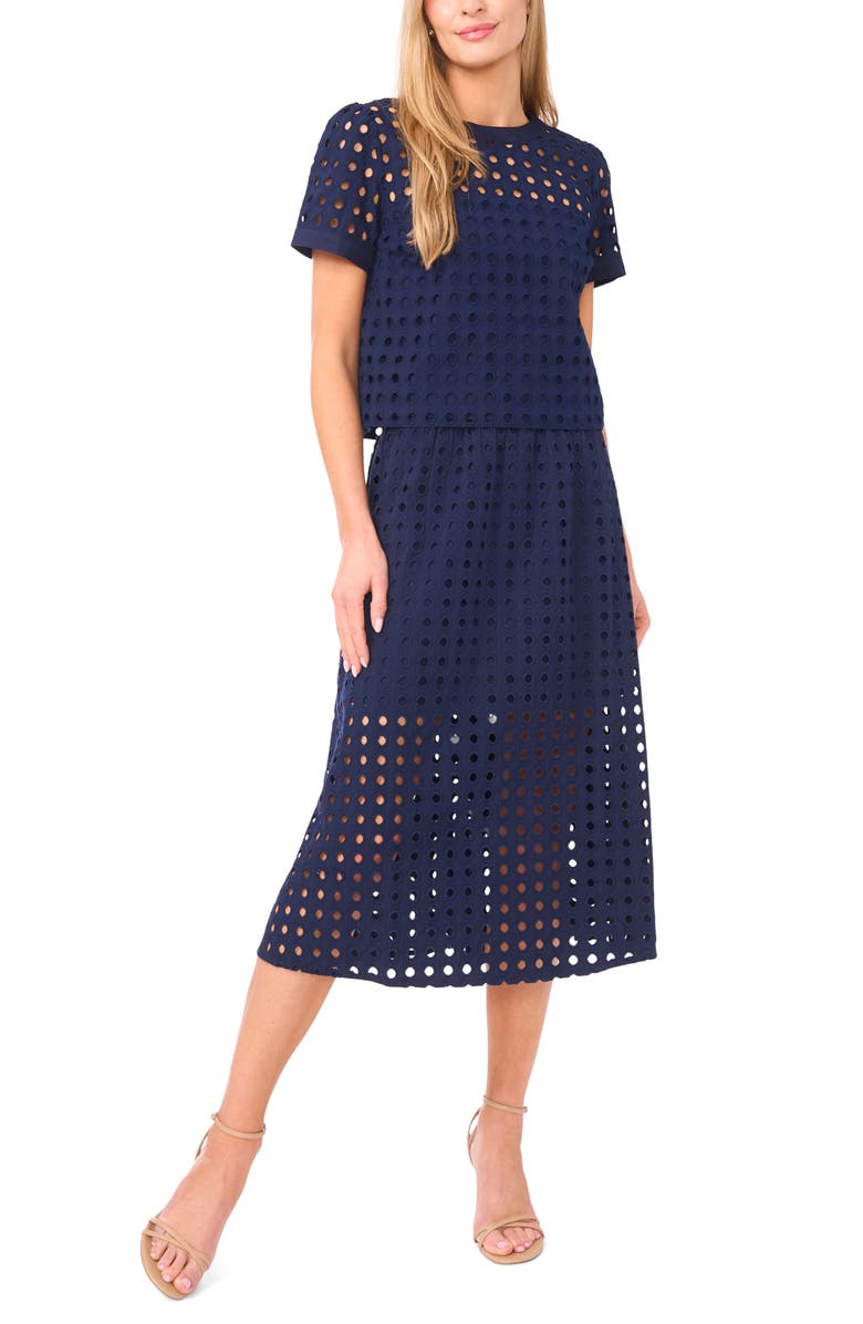 CeCe Eyelet Cotton Midi Skirt, Alternate, color, Classic Navy