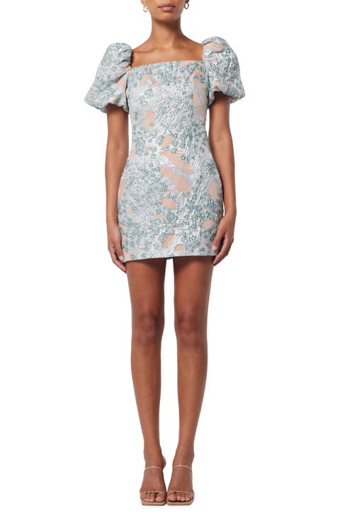 Floral Jacquard Puff Sleeve Sheath Dress