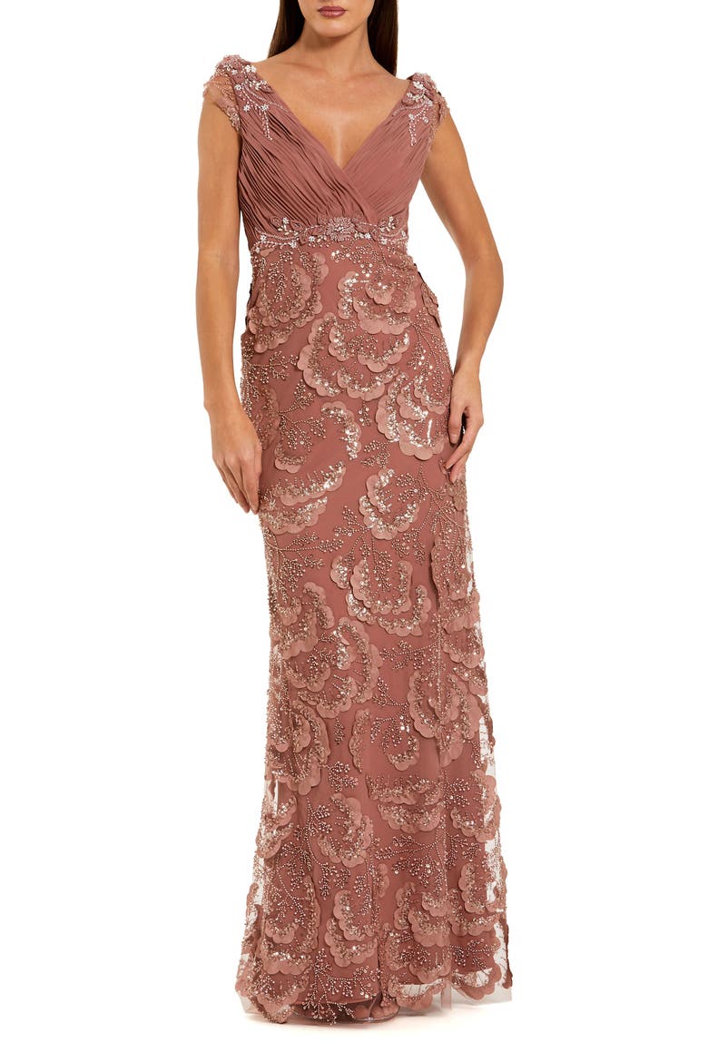 Petite Floral Beaded Chiffon V-Neck Evening Gown, Main, color, Rose