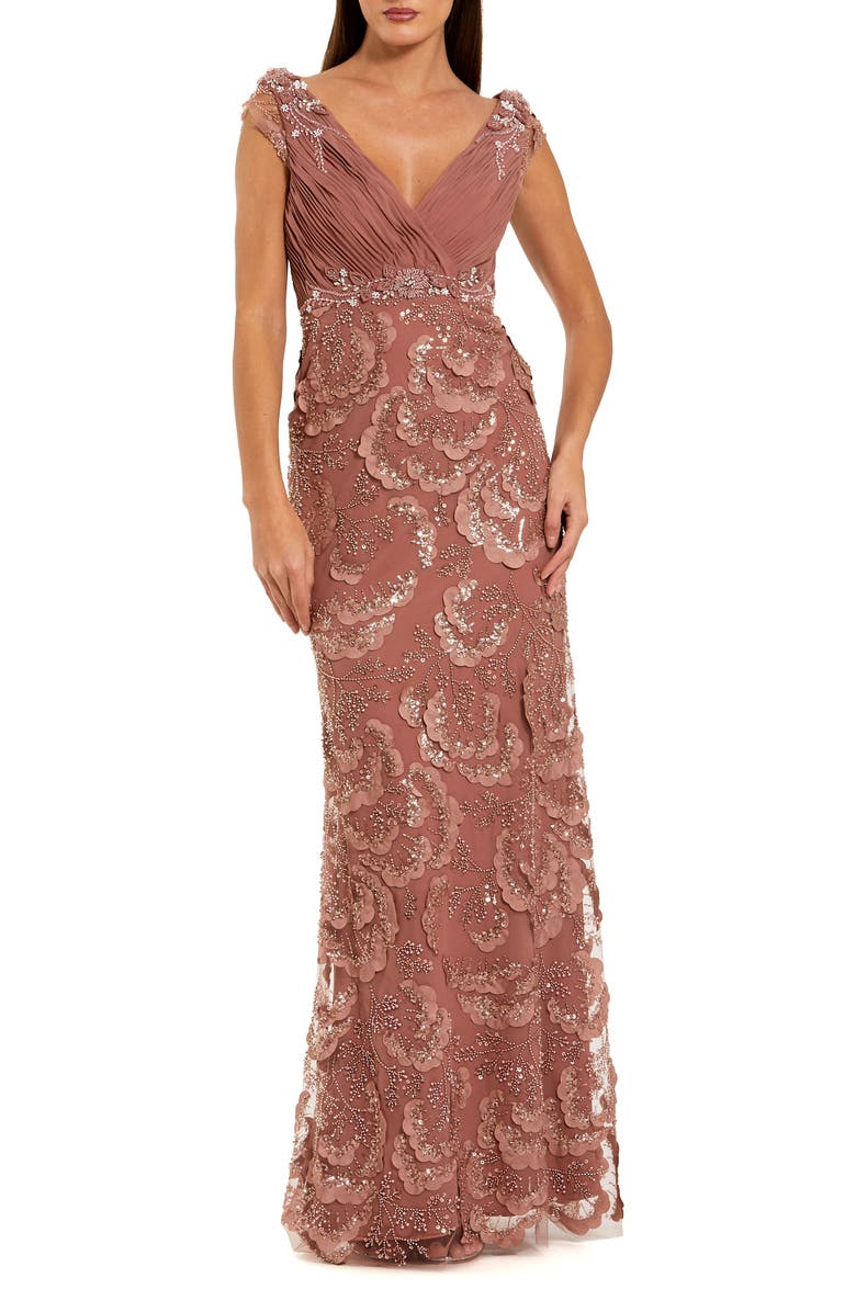 Mac Duggal Petite Floral Beaded Chiffon V-Neck Evening Gown, Main, color, Rose