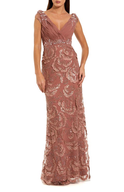 Petite Floral Beaded Chiffon V-Neck Evening Gown