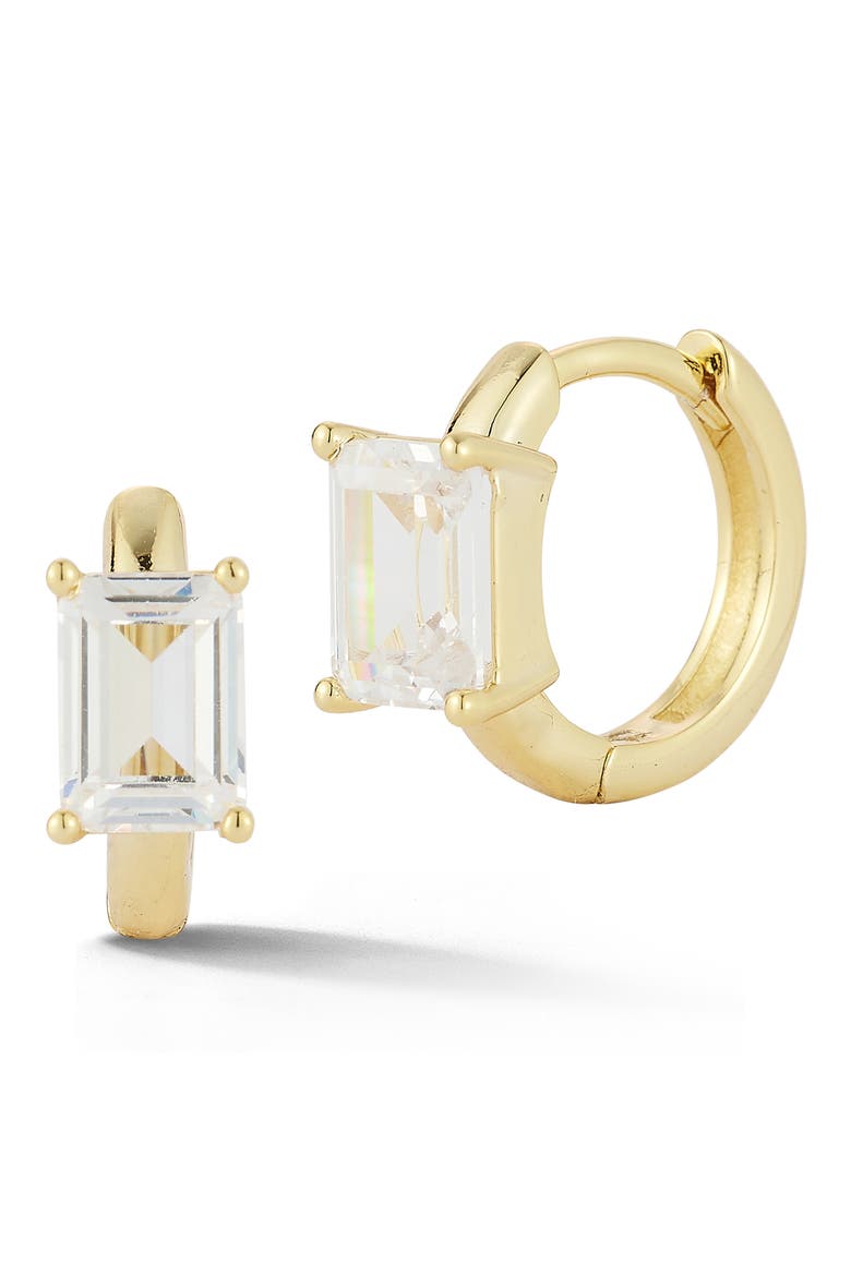 Emerald Cut Cubic Zirconia Huggie Hoop Earrings, Main, color, GOLD