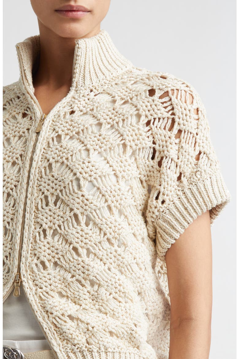 Sequin Crochet Short Sleeve Cardigan, Alternate, color, IVORY