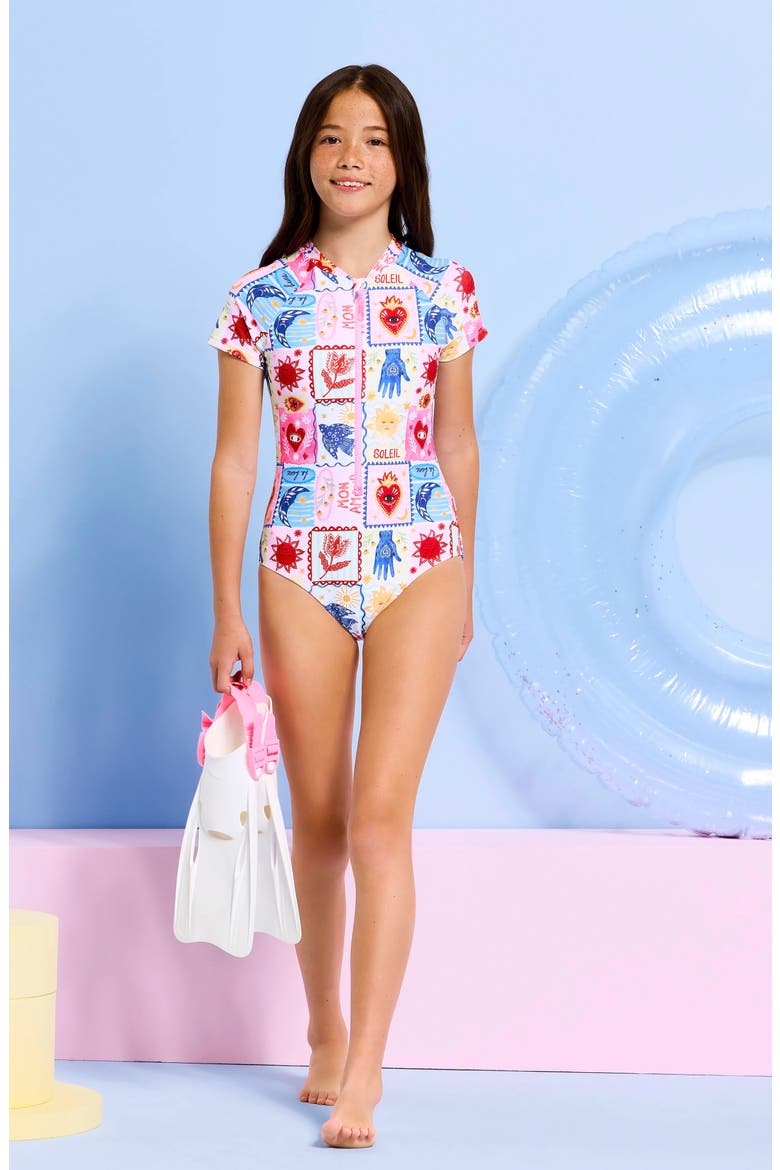 Kids' Palermo Short Sleeve One-Piece Rashguard Swimsuit, Alternate, color, PALERMO