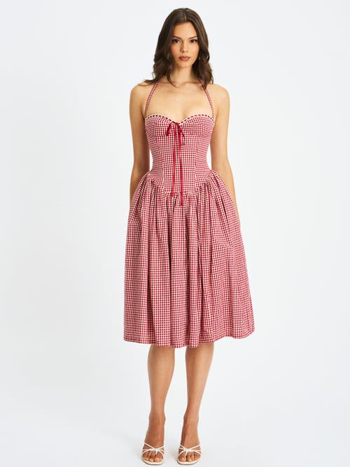 Miss Circle Women Susanna Red Gingham Halter Drop Waist Midi Dress In Pink