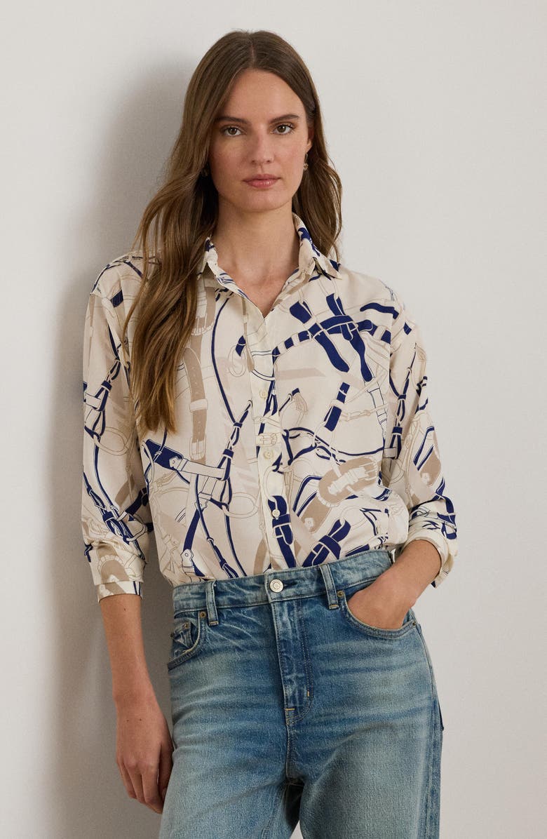 Lauren Ralph Lauren Belting Print Classic Fit Crepe Button-Up Shirt, Alternate, color, 