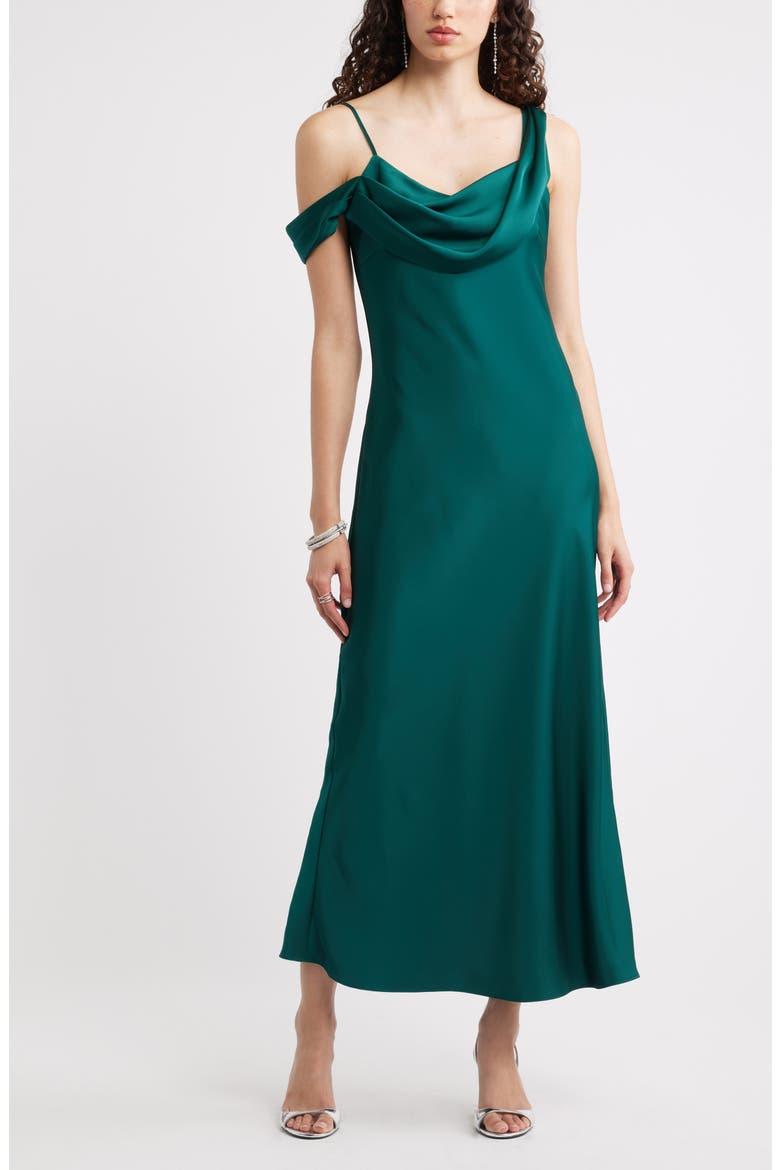 Off the Shoulder Satin Maxi Dress, Main, color, GREEN PONDEROSA