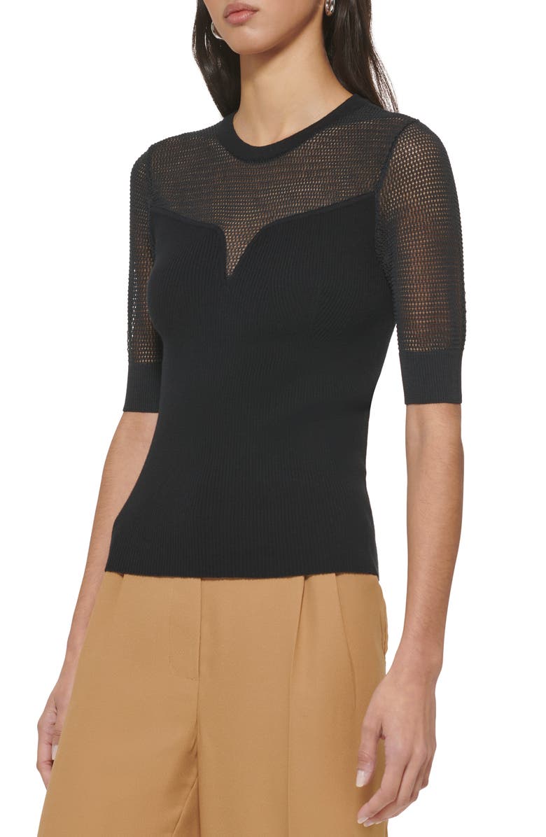 DKNY Sheer Yoke Short Sleeve Sweater, Alternate, color, 