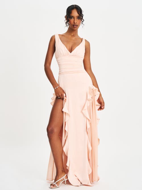 Miss Circle Talyssa Ruched Waist Double High Slit Maxi Gown In Pink
