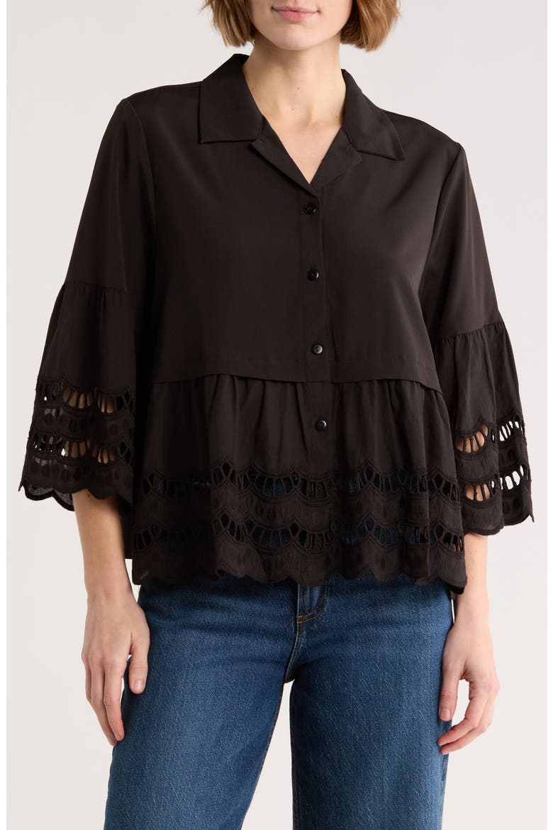 Crochet Hem Button-Up Shirt, Main, color, BLACK
