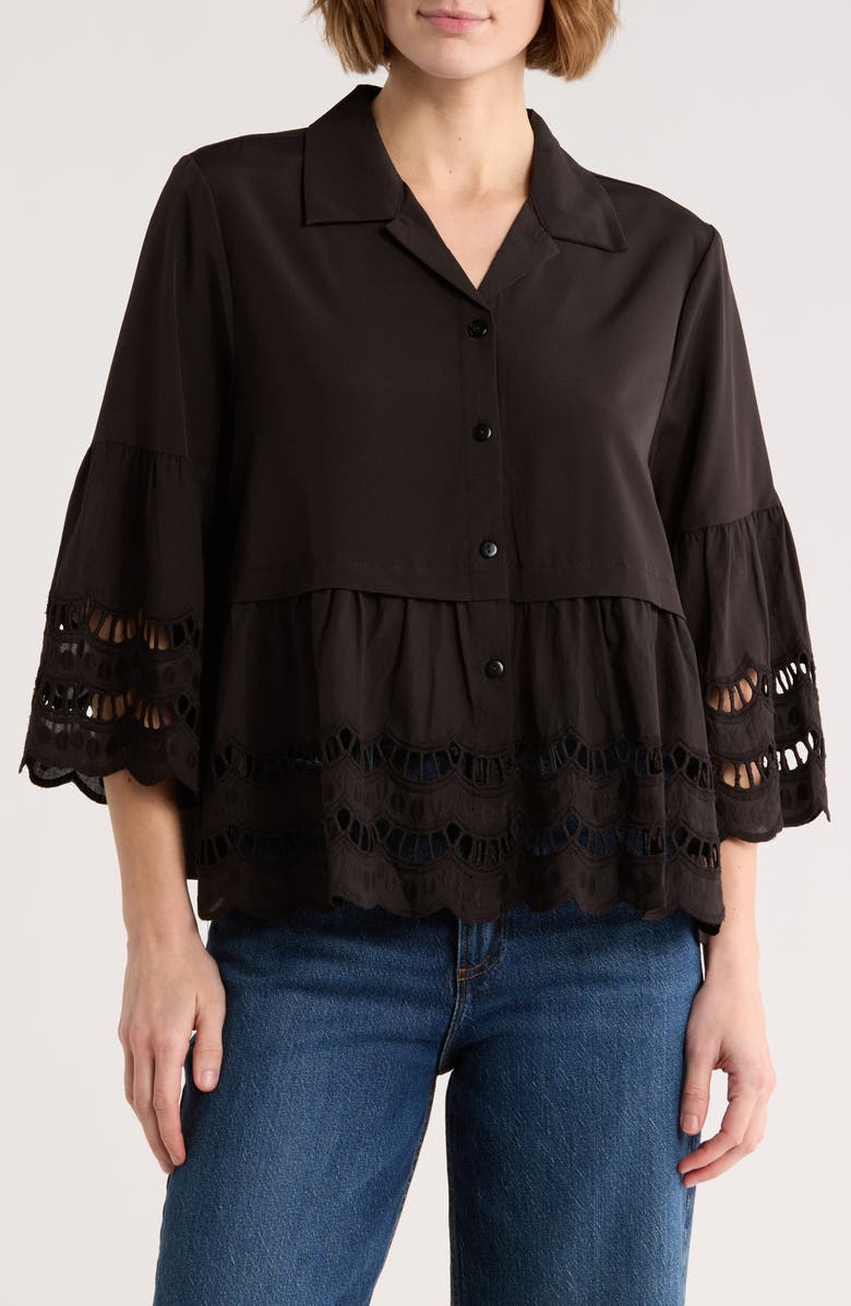 Forgotten Grace Crochet Hem Button-Up Shirt, Main, color, Black