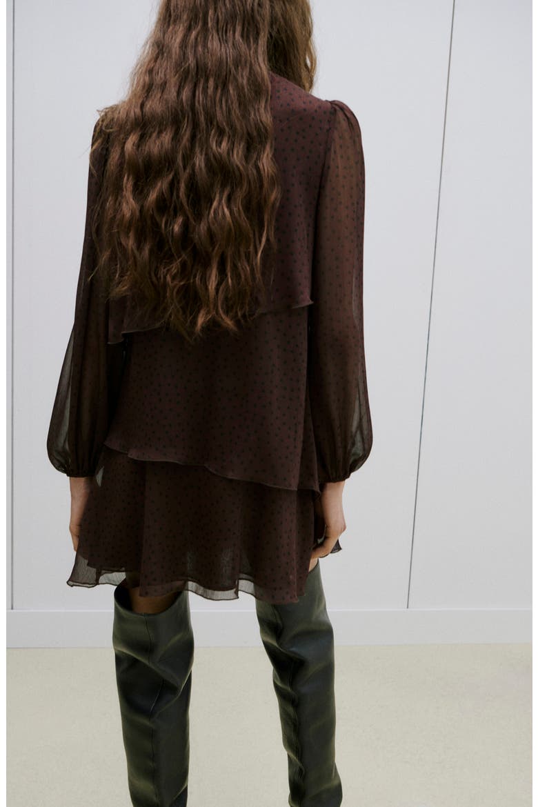 Dot Ruffle Long Sleeve Minidress, Alternate, color, BROWN