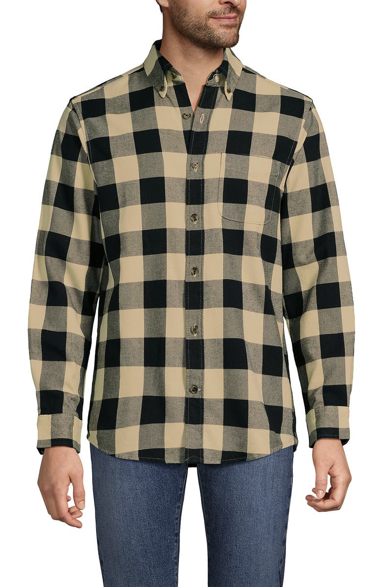 Lands' End Traditional Fit Flagship Flannel Shirt, Main, color, Black/Champagne Buffalo Check